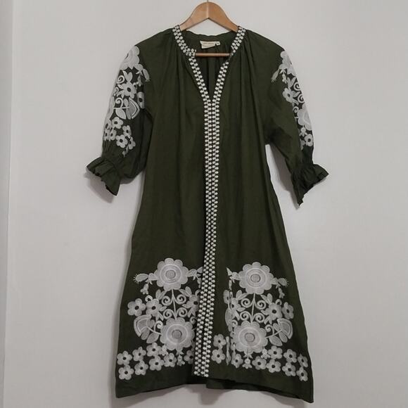 julia amory Dresses & Skirts - Olive Green Embroidered Mini Dress with White Floral Detail